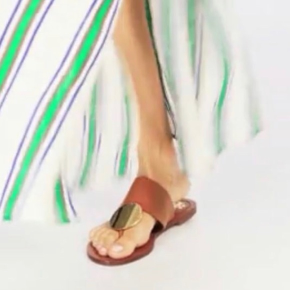 Tory Burch Patos DisK Flat Sandal Slip On Thong Leather Brown Goldtone Open Toe - Picture 1 of 12